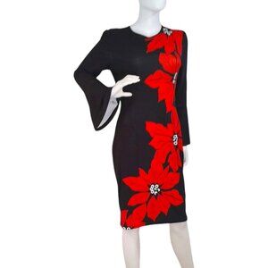 Flared Sleeve Midi Pencil Flower Print Dress